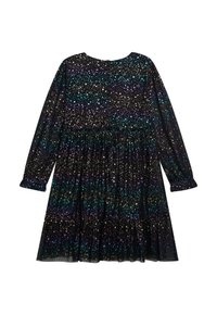 Schwarzes Langarmkleid mit glitzerndem, gesprenkeltem Muster in verschiedenen Farben, gerafftem Bund und einem gestuften Rüschensaum. Weicher, strukturierter Stoff.