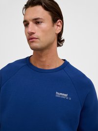 Jonge man met kort bruin haar, gekleed in een blauwe Hummel trui, kijkt iets naar links tegen een eenvoudige lichte achtergrond.