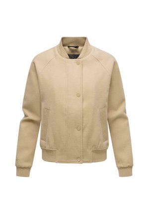 Giubbotto bomber beige con colletto e polsini a coste, dotato di chiusura con bottoni e tasche laterali; realizzato in morbido tessuto testurizzato.