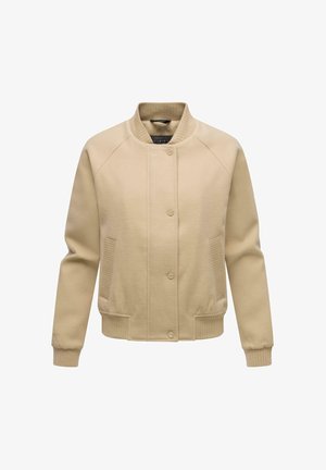 Beige bomberjack met een geribde kraag en manchetten, voorzien van knoopsluiting en zijzakken; gemaakt van zachte, gestructureerde stof.