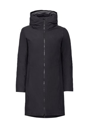 Schwarze isolierte Parka-Jacke mit hohem Kragen, Reißverschluss und langen Ärmeln. Sie verfügt über eine glatte Außenseite und minimale Markenkennzeichnung.