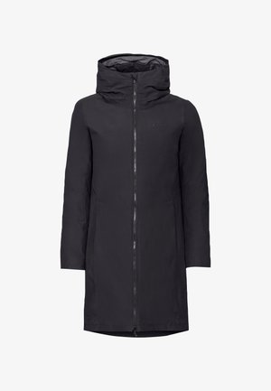 Black insulated parka jacket with a high collar, zip closure, and long sleeves. Features a smooth exterior and minimal branding detail.