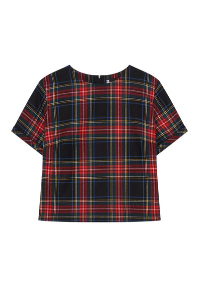 Top a maniche corte in plaid nei colori nero, rosso, giallo e blu. Presenta un colletto tondo e una vestibilità rilassata e larga. Realizzato in tessuto morbido.