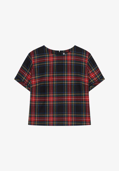Top a maniche corte in plaid nei colori nero, rosso, giallo e blu. Presenta un colletto tondo e una vestibilità rilassata e larga. Realizzato in tessuto morbido.