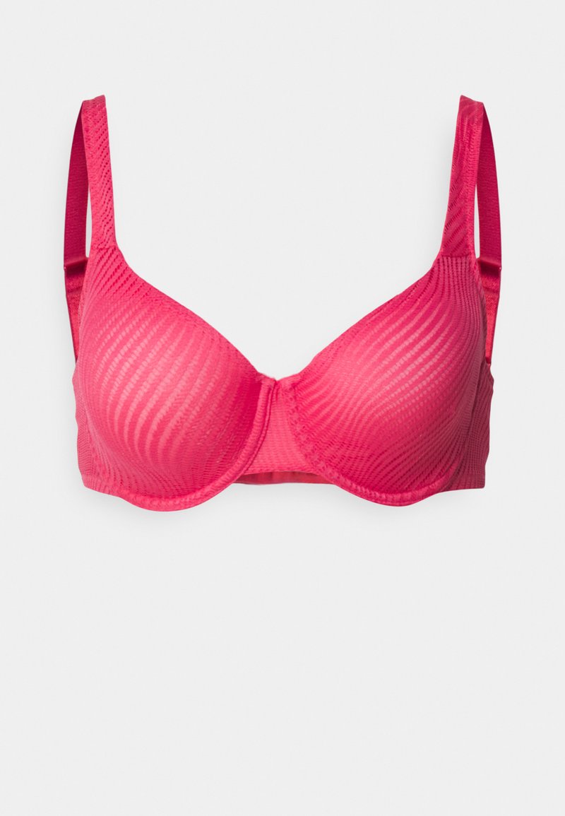 Pink underwire bra with textured striped pattern, adjustable straps, smooth cups, and a seamless finish. Suitable for everyday wear.