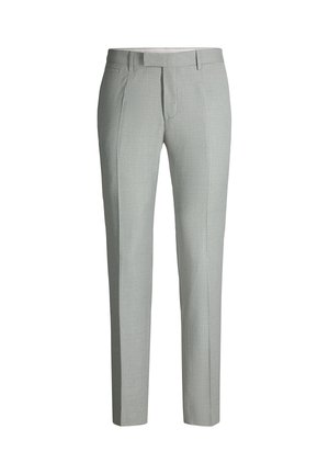 Light grey tailored dress trousers with belt loops, front crease, and side pockets, designed for formal or office wear.