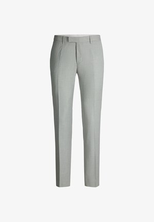 Light grey tailored dress trousers with belt loops, front crease, and side pockets, designed for formal or office wear.