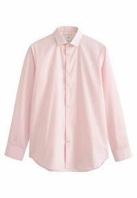 Langärmliges Hemd aus leichtem rosa Baumwollstoff mit spitzen Kragen, vorderer Knopfleiste und abgerundetem Saum. Glatte Textur und taillierte Passform.