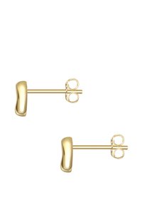 Zelta auskari ar gludu, noapaļotu dizainu. Aprīkoti ar plānu stieni un tauriņa aizmugures aizdari. Pulēta virsma bez rakstiem.