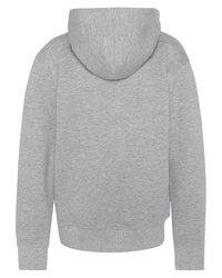 Felpa grigia con cappuccio realizzata in un morbido tessuto testurizzato. Presenta un design pulito sul retro con polsini e vita a coste.