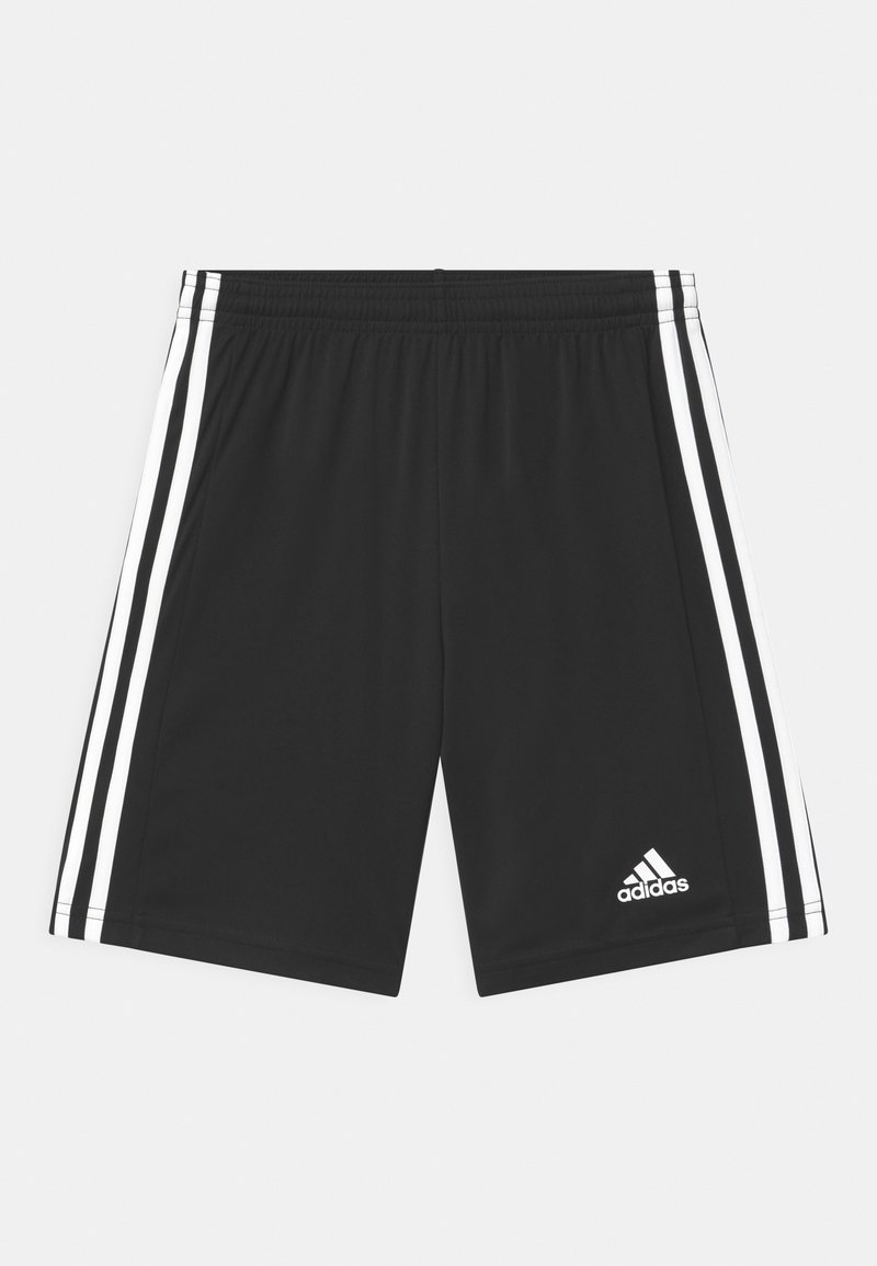 Black athletic shorts made of fabric with an elastic waistband, featuring three white stripes along each side and an Adidas logo in the corner.