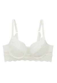 Soutien-gorge en dentelle blanche avec des bonnets moulés et des bretelles réglables. La bande est ornée d'une bordure en dentelle texturée et les bonnets présentent des détails en dentelle.