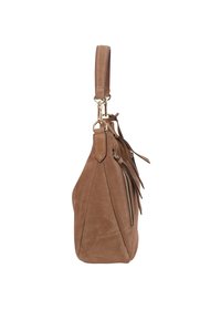 Brown suede handbag with a side zipper, a single top handle, and leather fringe details, featuring gold-tone hardware accents.
