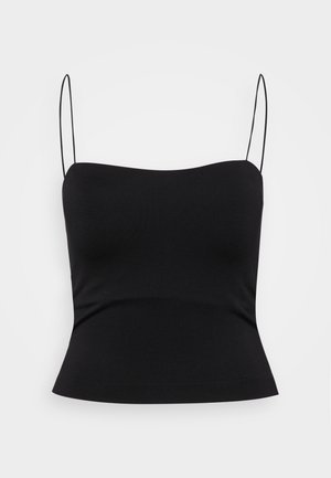 Top preto de alças finas, design ajustado, textura suave e bainha ligeiramente ampla. Feito de um tecido elástico.