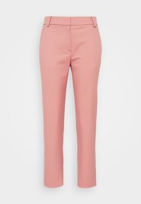 Rosa maßgeschneiderte Hose mit glatter Textur, geradem Schnitt, Gürtelschlaufen und vorderen Taschen, mit Reißverschluss und Knopfverschluss.