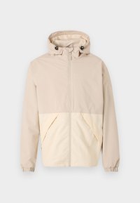 Beige lichtgewicht jack met een capuchon, met een tweeëndelige ontwerp met een crèmekleurig onderste gedeelte, elastische manchetten en een voorrits.