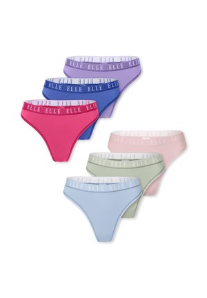 Seis pares de ropa interior femenina en púrpura, azul, rosa, beige, verde y azul claro, cada uno con una cinturilla de la marca ELLE.