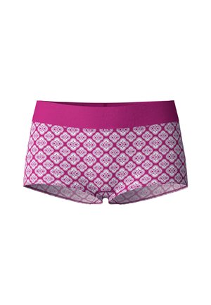 Lila gemusterte Boxershorts mit einem breiten Bund, die ein Blumenmuster in Rosa und Weiß auf einem halbtransparenten Stoff aufweisen.