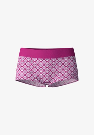Boxer shorts viola con un ampio elastico in vita, caratterizzati da un design floreale in rosa e bianco su un tessuto semi-trasparente.