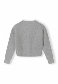 Šedý skrátený sveter, rebrovaná textura, dlhé rukávy, široký výstrih, elastický spodný lem. Jednoduchý dizajn, bez vzorov alebo ďalších akcentov.