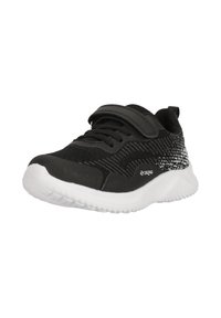 Schwarzer Sportschuh mit oberem Teil aus strukturiertem Mesh, weißer Gummisohle und Velcro-Riemen, der ein Zickzack-Muster an der Ferse aufweist.