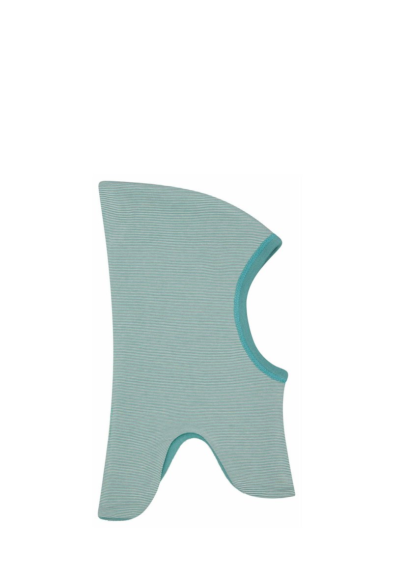Balaclava in cotone a righe azzurro chiaro con parte superiore arrotondata e area del viso aperta, caratterizzata da una texture liscia e un bordo a costine lungo i lati.