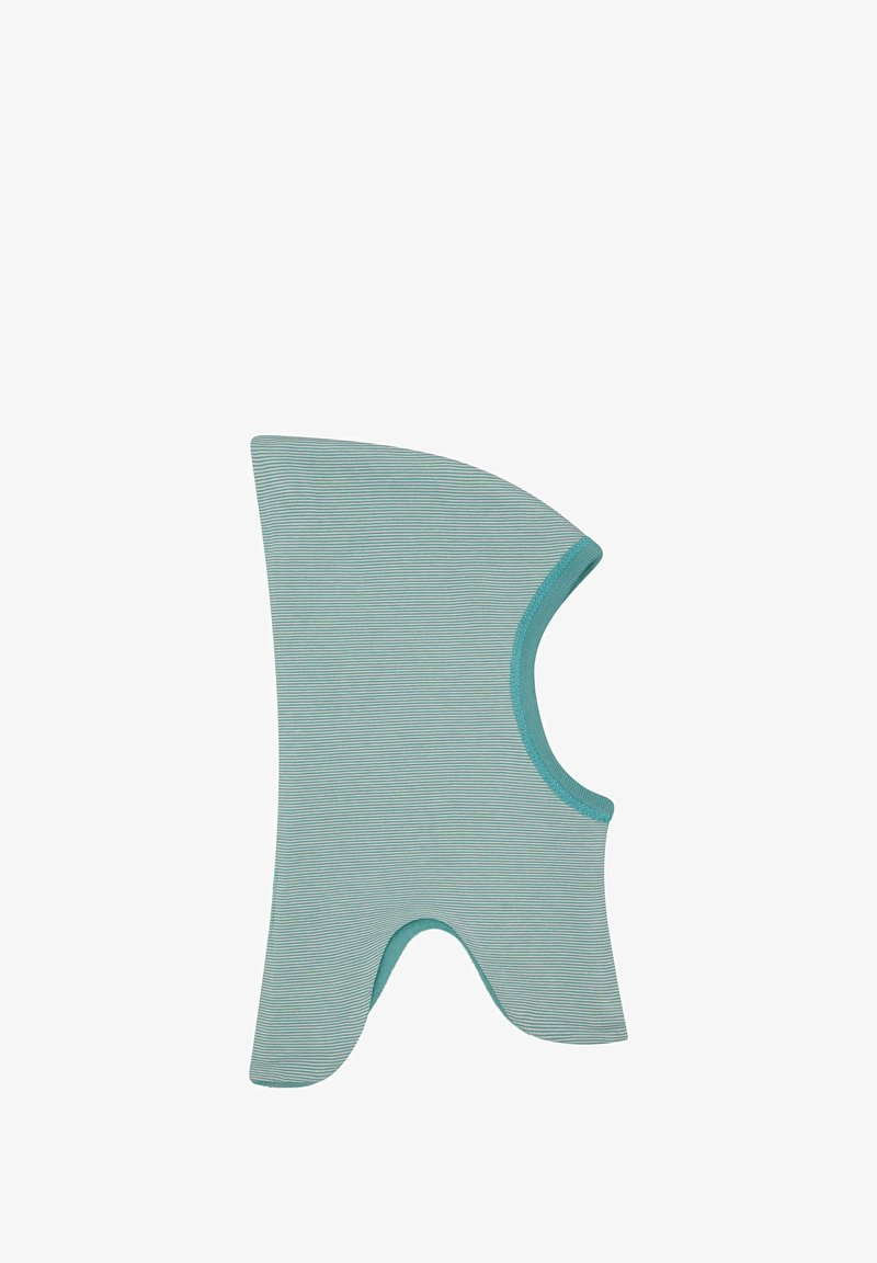 Balaclava in cotone a righe azzurro chiaro con parte superiore arrotondata e area del viso aperta, caratterizzata da una texture liscia e un bordo a costine lungo i lati.