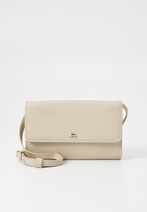 Beige leather shoulder bag with a flap closure, silver hardware, and a detachable strap. Smooth texture and simple rectangular shape.