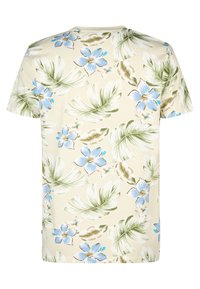 Korte mouwen shirt in lichtbeige met een bloemenpatroon van blauwe bloemen en groene bladeren. Zachte stof met een losse pasvorm.