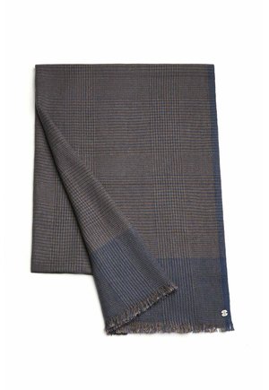 Woven scarf in dark gray and blue with a checkered pattern; has frayed edges and a small metal logo detail.