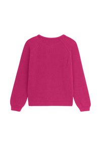 Fuchsia gerippter Strickpullover mit langen Ärmeln, Raglan-Design und strukturiertem Oberflächen. Mit Rundhalsausschnitt und subtilen Nähdetails.