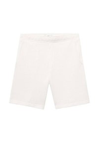Shorts blancs texturés avec une taille élastique, comportant deux poches avant et un motif en relief subtil. Design de longueur standard.
