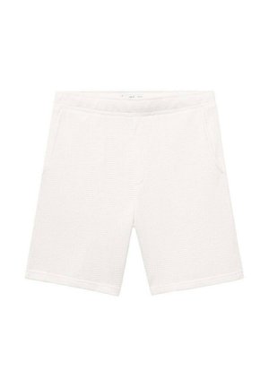 Textured white shorts with an elastic waistband, featuring two front pockets and a subtle embossed pattern. Standard length design.