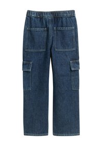 Jeans cargo hlače v temno modri barvi, z elastičnim pasom, širokim krojem in dvema velikima stranskima žepoma brez vidne blagovne znamke.