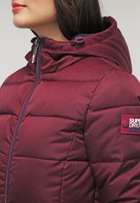 Bordowa kurtka puchowa z zamkiem błyskawicznym z przodu, stójką i wyraźną naszywką z logo. Teksturowana tkanina z pikowanymi detalami i kapturem.