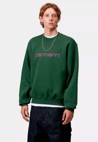 Sudadera verde con cuello redondo, que presenta un logo "carhartt." en púrpura, puños y dobladillo de canalé, llevada sobre una camiseta blanca. Diseño casual.