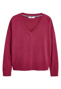 Pull à col en V et manches longues de couleur baies, confectionné dans un matériau doux avec poignets et ourlet côtelés. Présente un accent contrastant à l'intérieur de l'encolure.