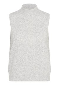 Maglione senza maniche con colletto alto, realizzato in tessuto zigrinato di grigio chiaro, caratterizzato da un delicato motivo a macchie e un design aderente.