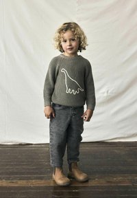 Un pull en tricot gris avec un design de dinosaure blanc, associé à un pantalon en denim gris et des bottes à cheville marron. L'arrière-plan est en tissu neutre.