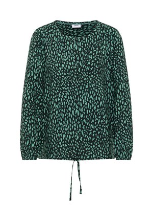Grüne und schwarze gemusterte Bluse mit rundem Ausschnitt, langen Ärmeln mit elastischen Bündchen und einem Bindeband am Saum zur Anpassung.