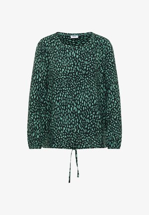 Blouse à motifs verts et noirs avec un décolleté arrondi, des manches longues avec des poignets élastiques et un lien à l'ourlet pour l'ajustement.