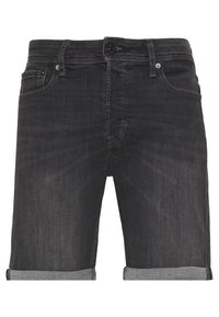 Černé denimové kraťasy s ohrnutými lemy, předním knoflíkem, zipovým rozparkem a pěti kapsami.