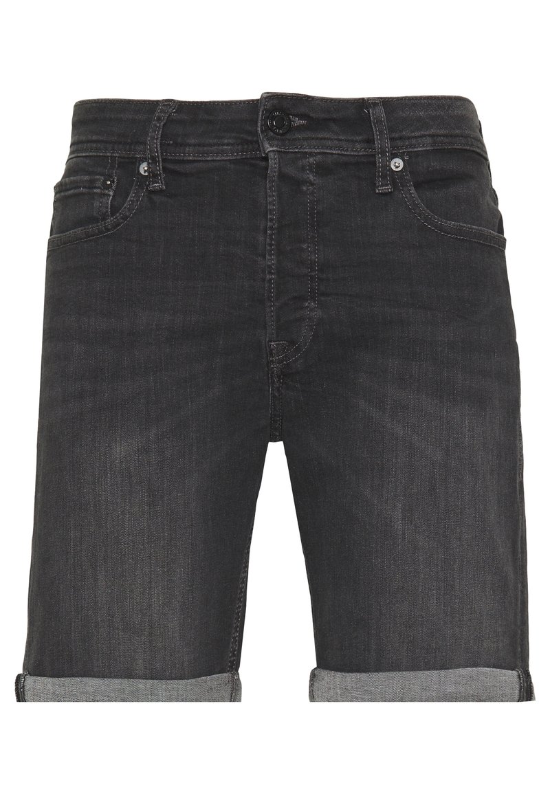 Černé denimové kraťasy s ohrnutými lemy, předním knoflíkem, zipovým rozparkem a pěti kapsami.