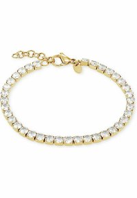 Guldtonad armband med klara, runda kubiska zirkonia-stenar i kvadratiska inställningar. Utrustat med en kräftklämma och en justerbar kedja för längd.