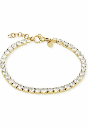 Goldfarbener Armband mit klaren, runden Zirkonia-Steinen, die in quadratischen Fassungen gesetzt sind. Verfügt über einen Karabinerverschluss und eine verstellbare Kette für die Länge.