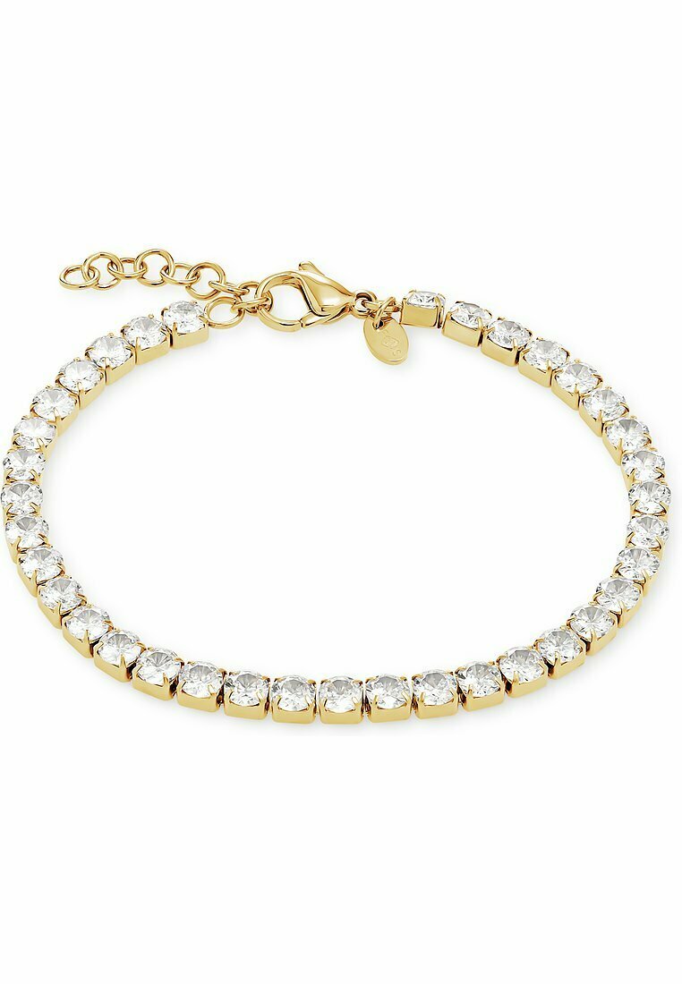 Guldtonad armband med klara, runda kubiska zirkonia-stenar i kvadratiska inställningar. Utrustat med en kräftklämma och en justerbar kedja för längd.