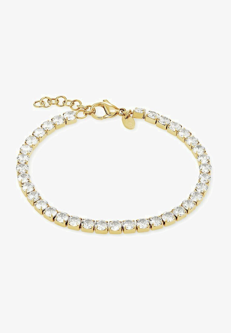 Goudkleurige armband met heldere, ronde cubic zirconia stenen, gezet in vierkante zettingen. Voorzien van een karabijnsluiting en een verstelbare ketting voor lengte.