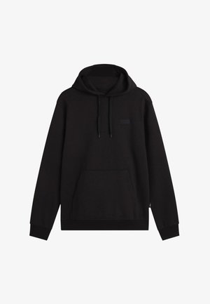 Felpa nera con cappuccio realizzata in un morbido misto cotone, dotata di tasca frontale, cappuccio regolabile con cordini e patch con logo sul petto.