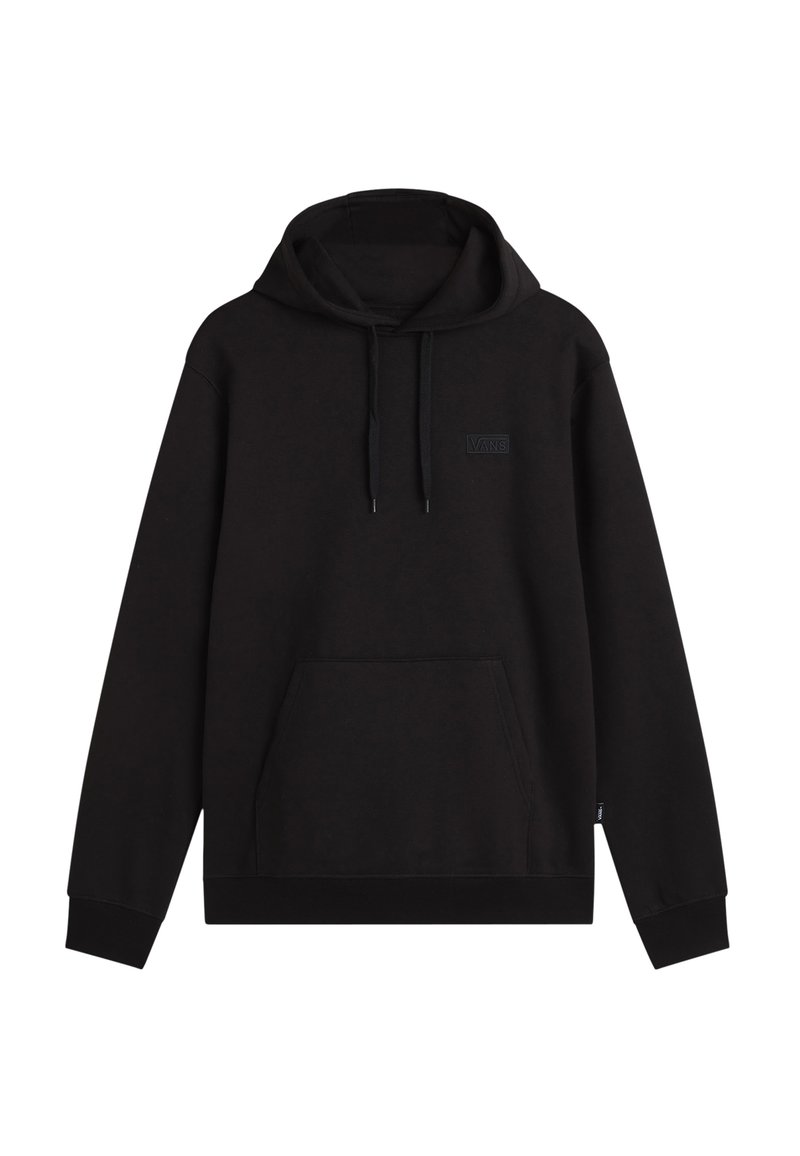 Zwarte sweater hoodie gemaakt van een zachte katoenen mix, met een voorzak, verstelbare trekkoordkap en een logopatch op de borst.