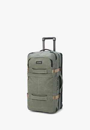 Valigia con ruote in tessuto verde oliva, dotata di manico telescopico, cinghie laterali e molteplici tasche per l'organizzazione. Design resistente e spazioso.